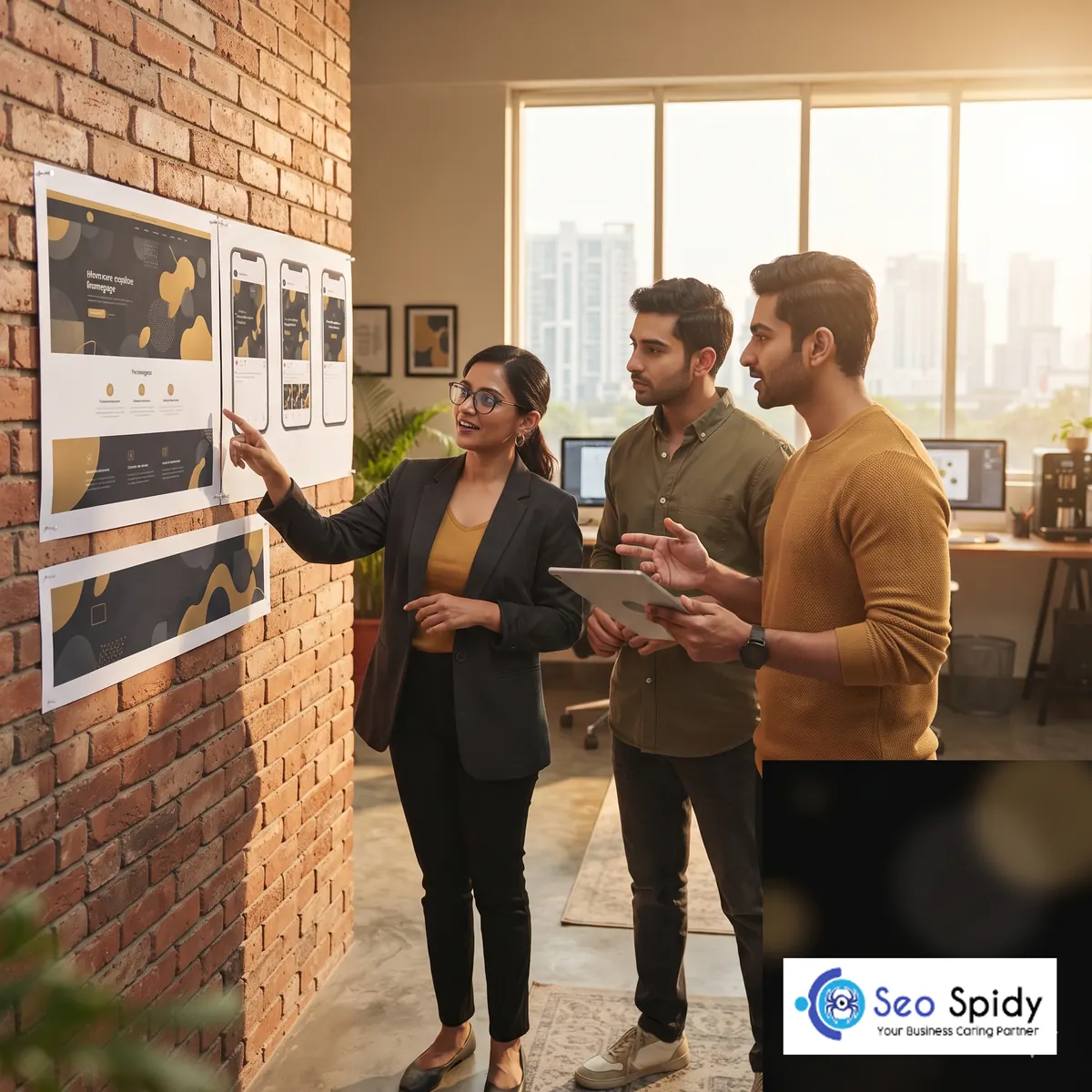 Seospidy team reviewing desktop and mobile website mockups pinned to a brick wall