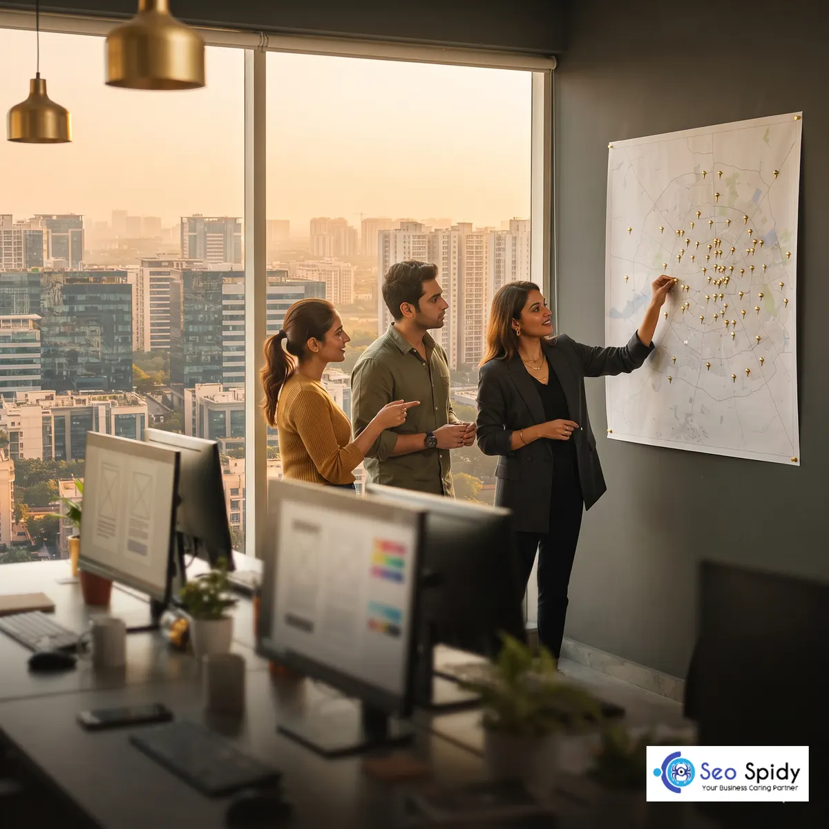 Team mapping service areas on a wall map with coloured pins