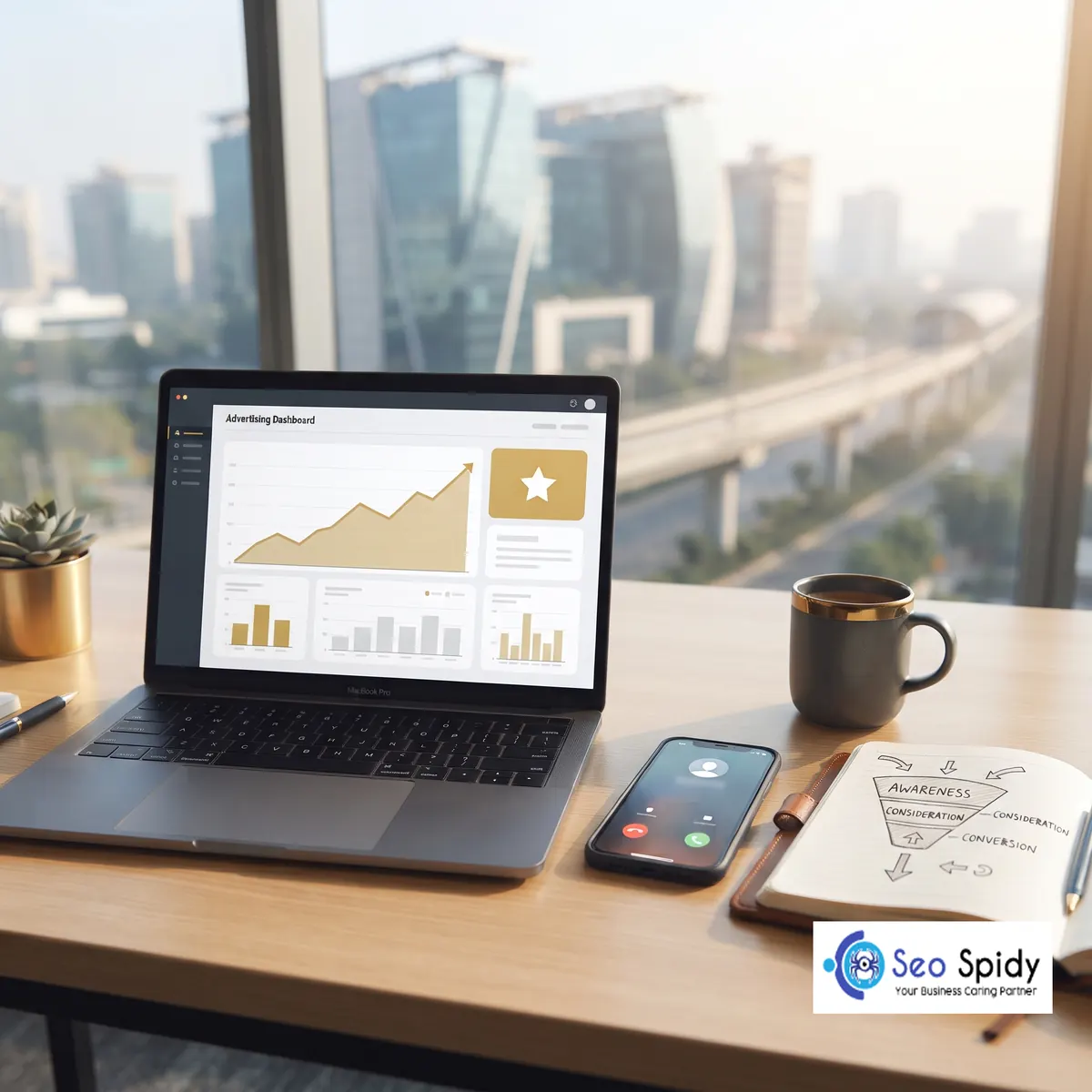 Advertising dashboard with a growth chart beside a phone receiving a call