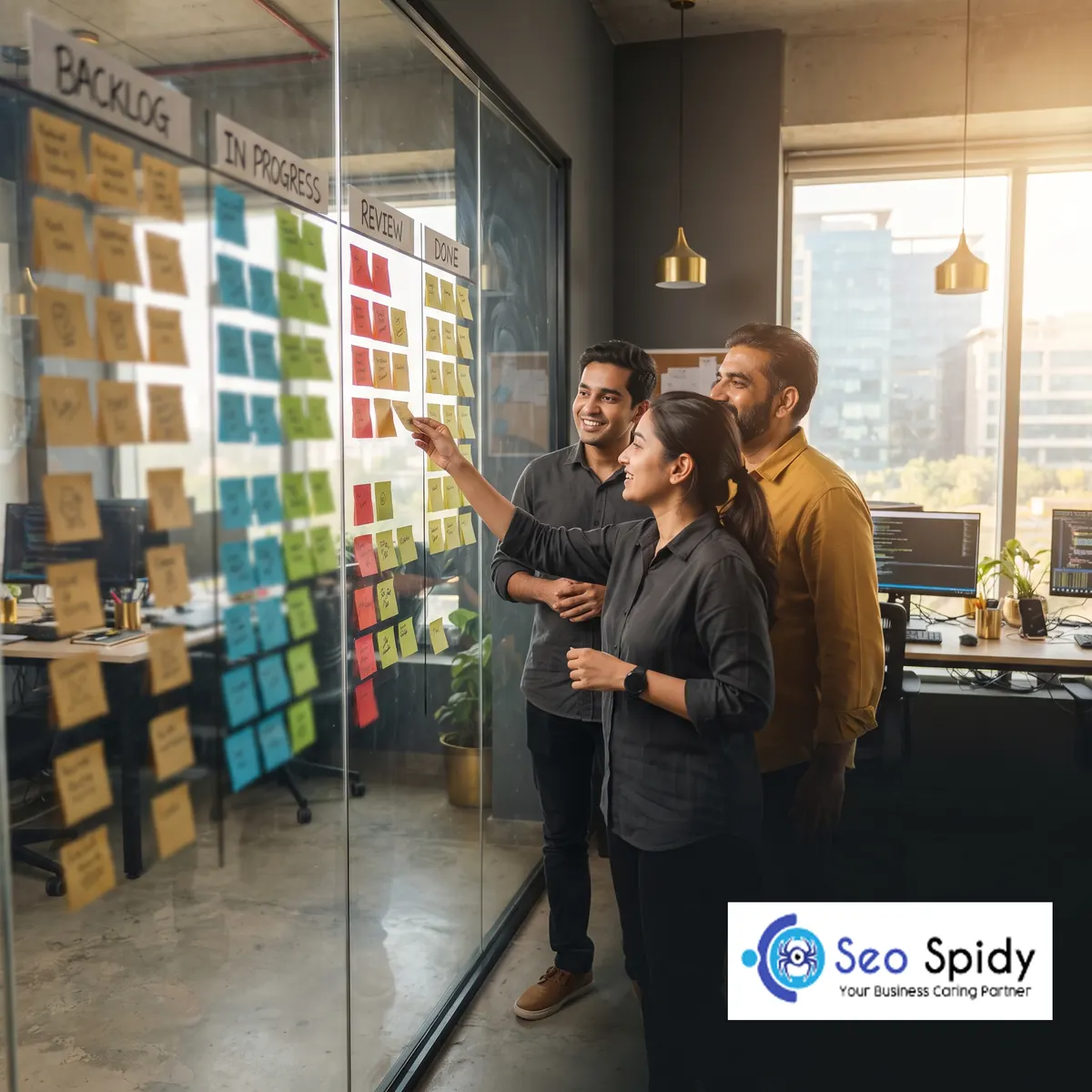 Team moving website project tasks across a Kanban board