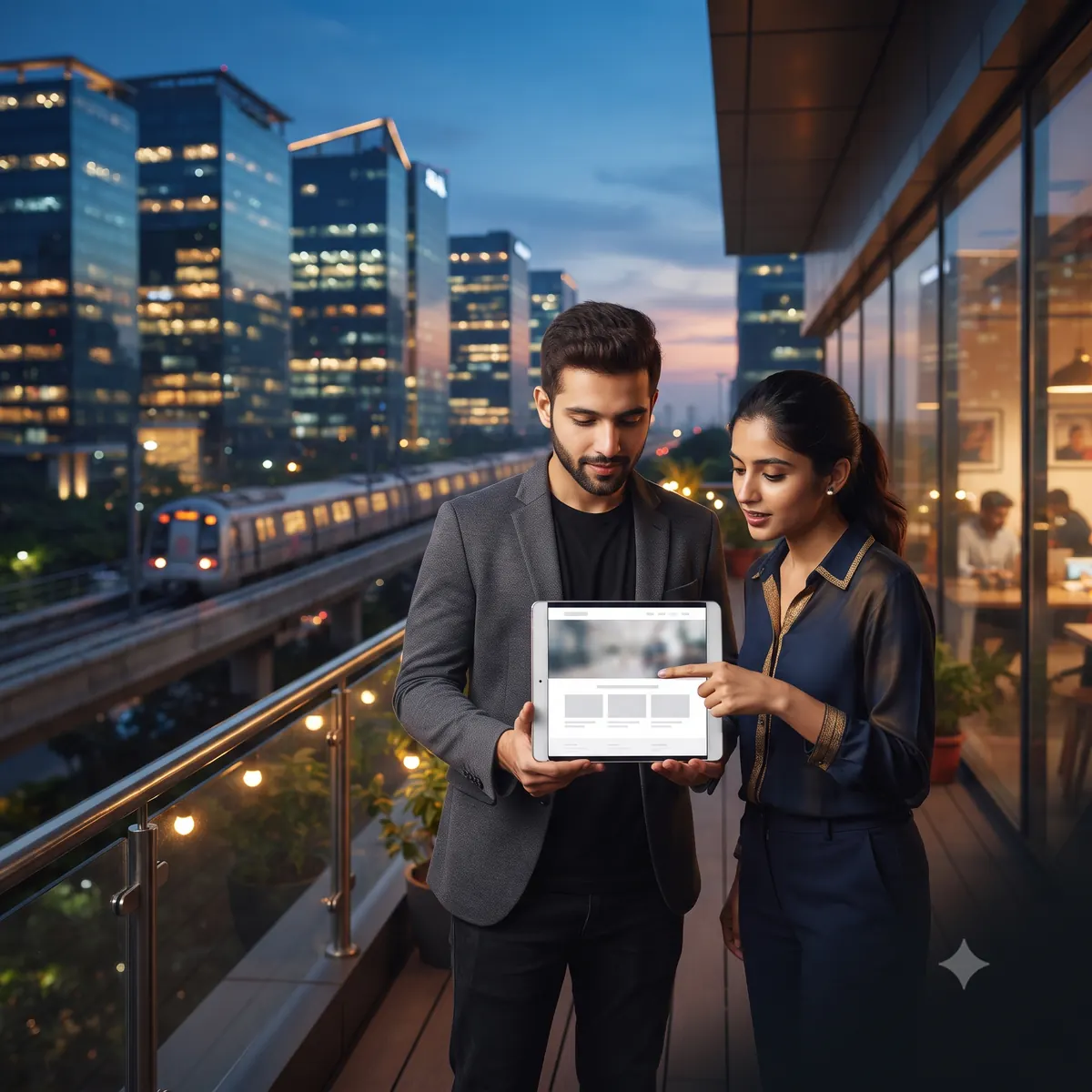 Two people reviewing a newly launched website on a tablet on a balcony at dusk